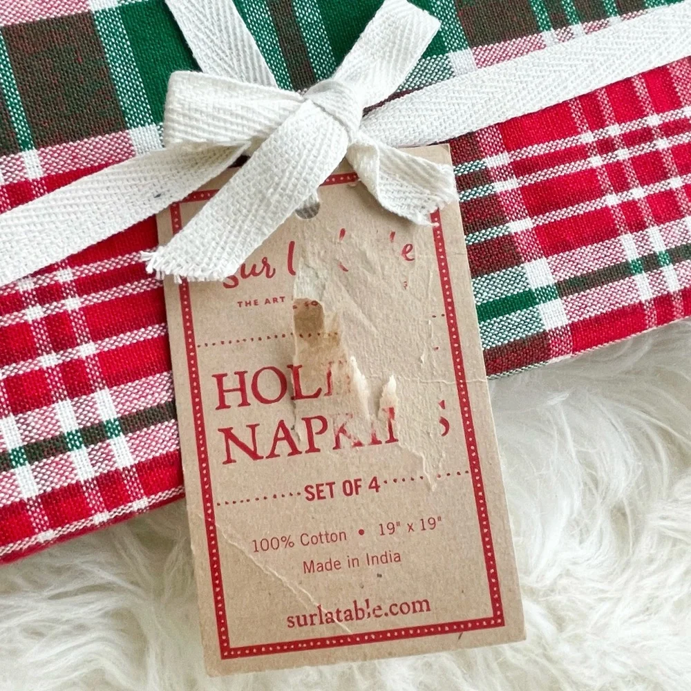 SUR LA TABLE Holiday Wonder Napkins PLAID Tartan CHRISTMAS 100% Cotton Set of 4